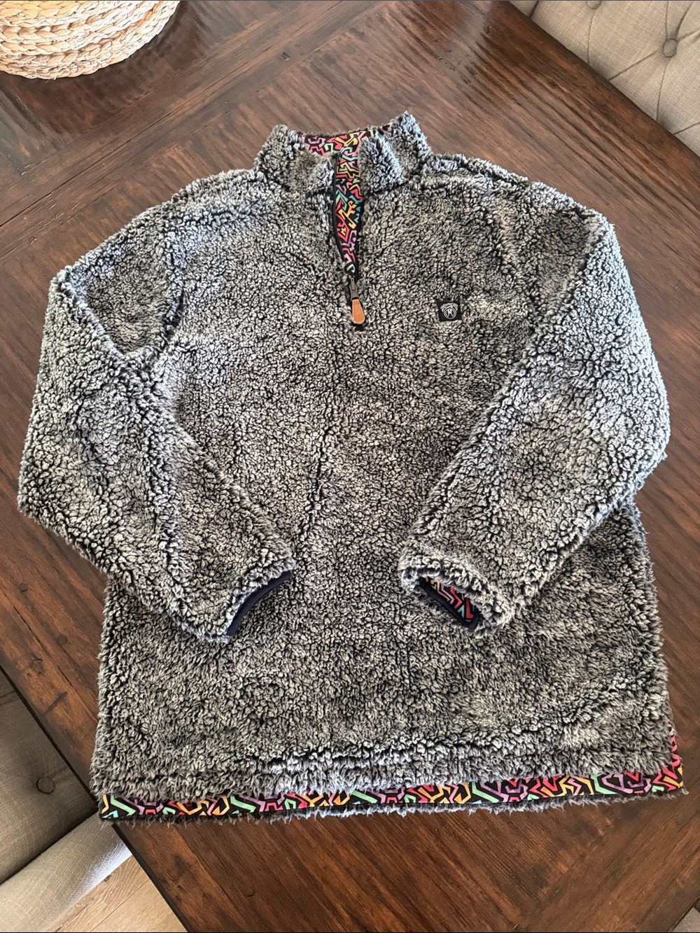 Cozy Gray Sherpa Quarter-Zip Pullover with Colorful Trim •reversible•